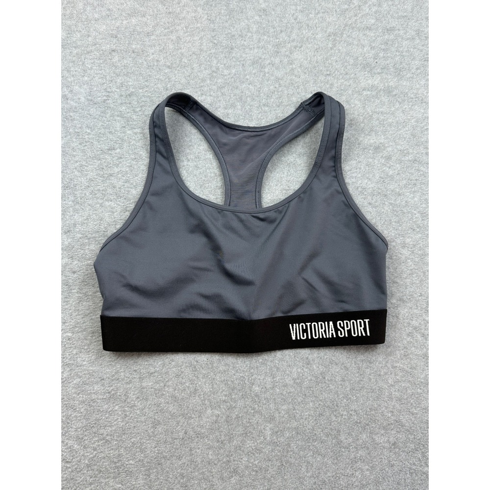 Victoria Sport Racerback Sports Bra Gray Black Logo Band Medium M